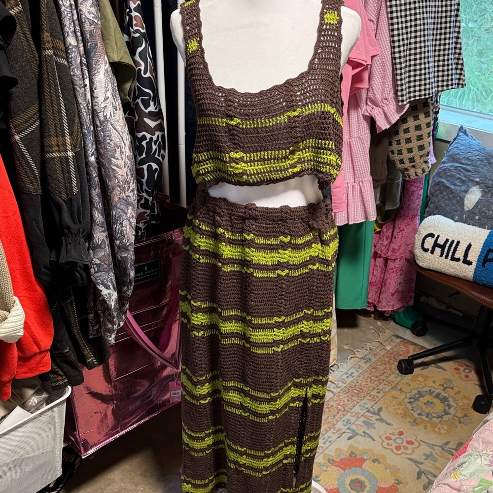Free People Brown and Green Knit Skirt Set